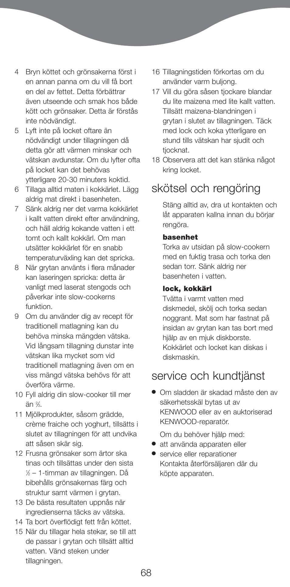 Skötsel och rengöring, Service och kundtjänst | Kenwood CP707 User Manual | Page 68 / 141