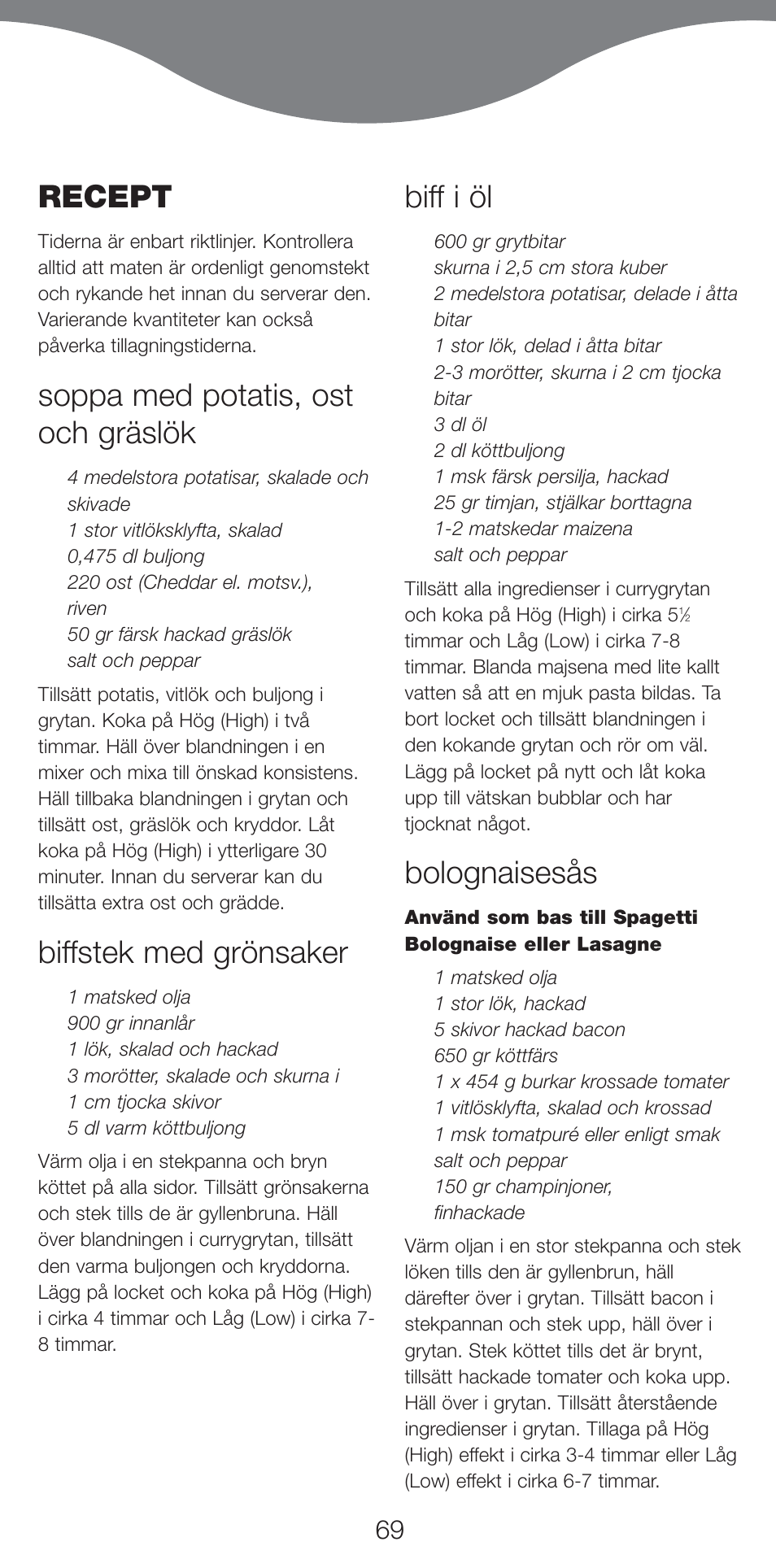 Recept, Soppa med potatis, ost och gräslök, Biffstek med grönsaker | Biff i öl, Bolognaisesås | Kenwood CP707 User Manual | Page 69 / 141