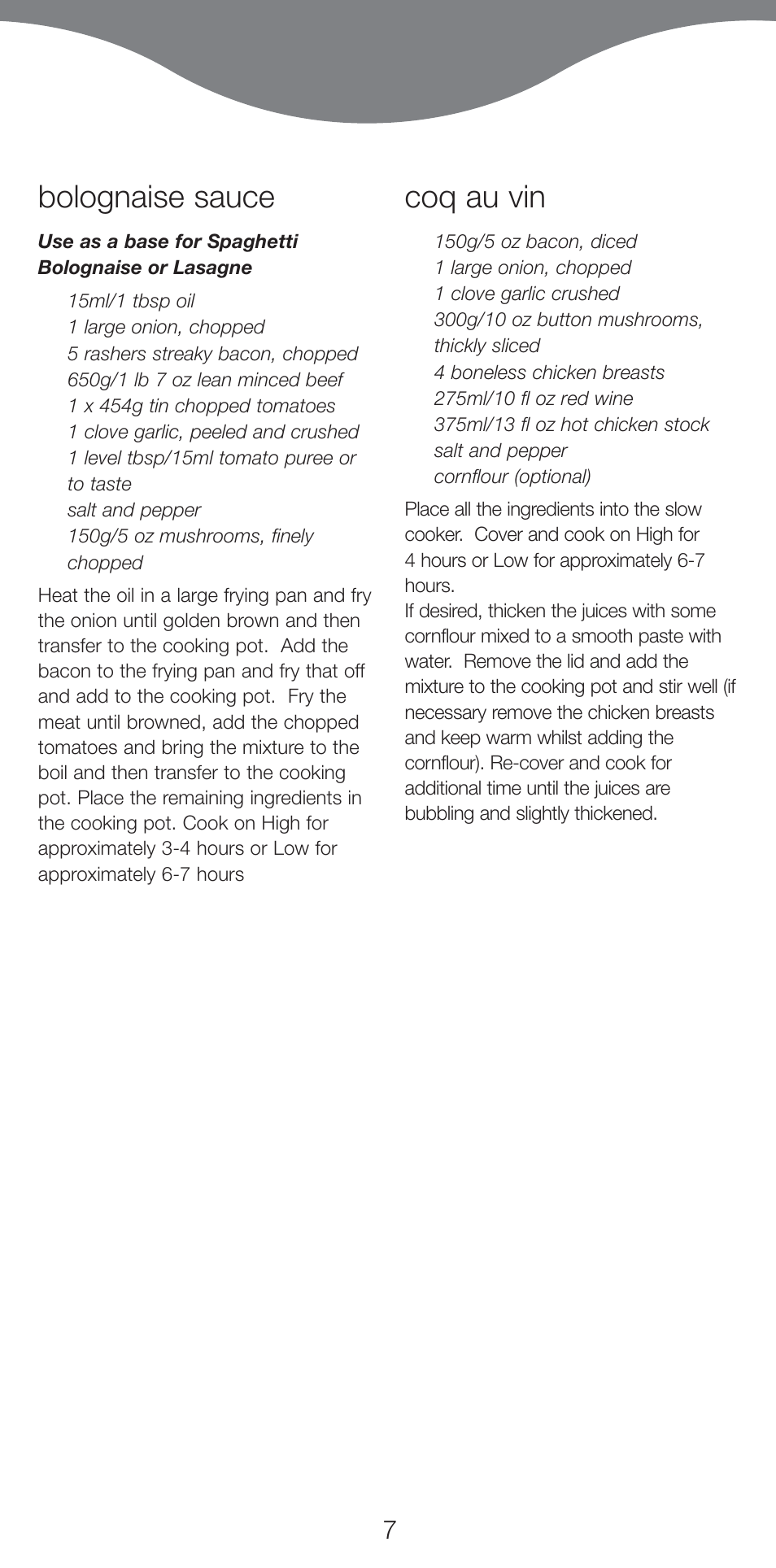 Bolognaise sauce, Coq au vin | Kenwood CP707 User Manual | Page 7 / 141