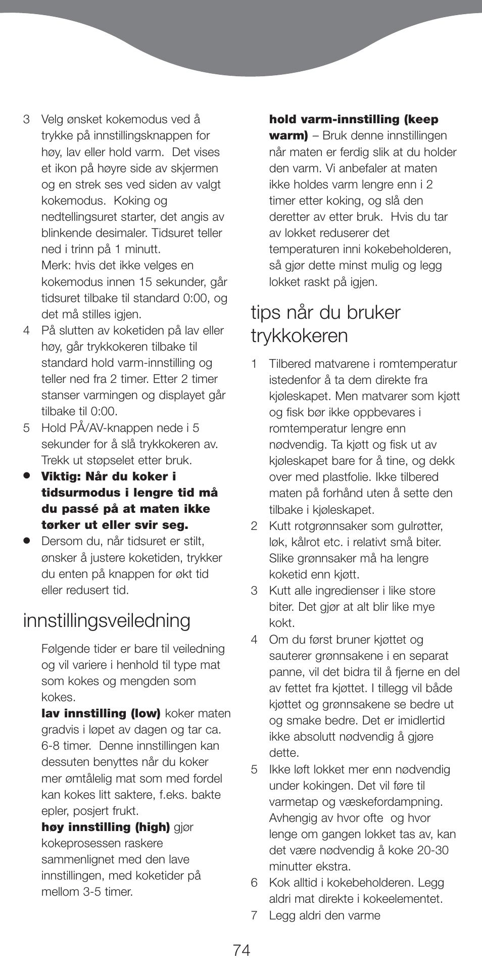 Innstillingsveiledning, Tips når du bruker trykkokeren | Kenwood CP707 User Manual | Page 74 / 141