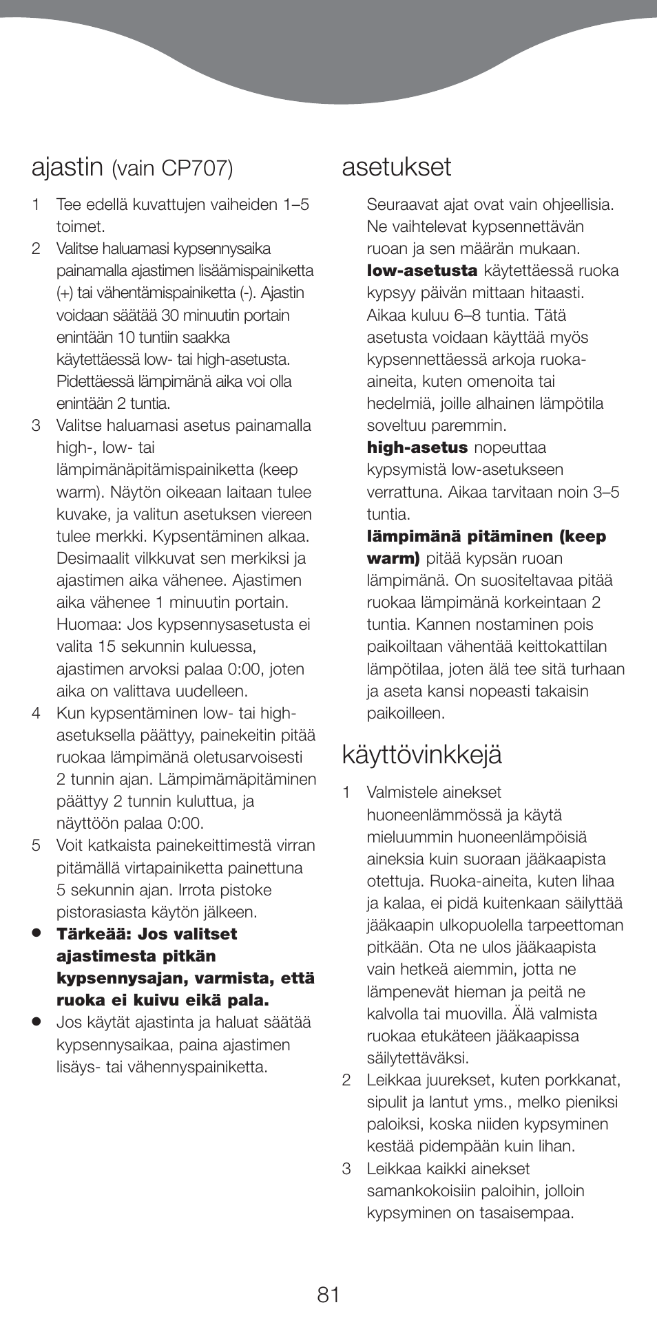 Ajastin, Asetukset, Käyttövinkkejä | Vain cp707) | Kenwood CP707 User Manual | Page 81 / 141