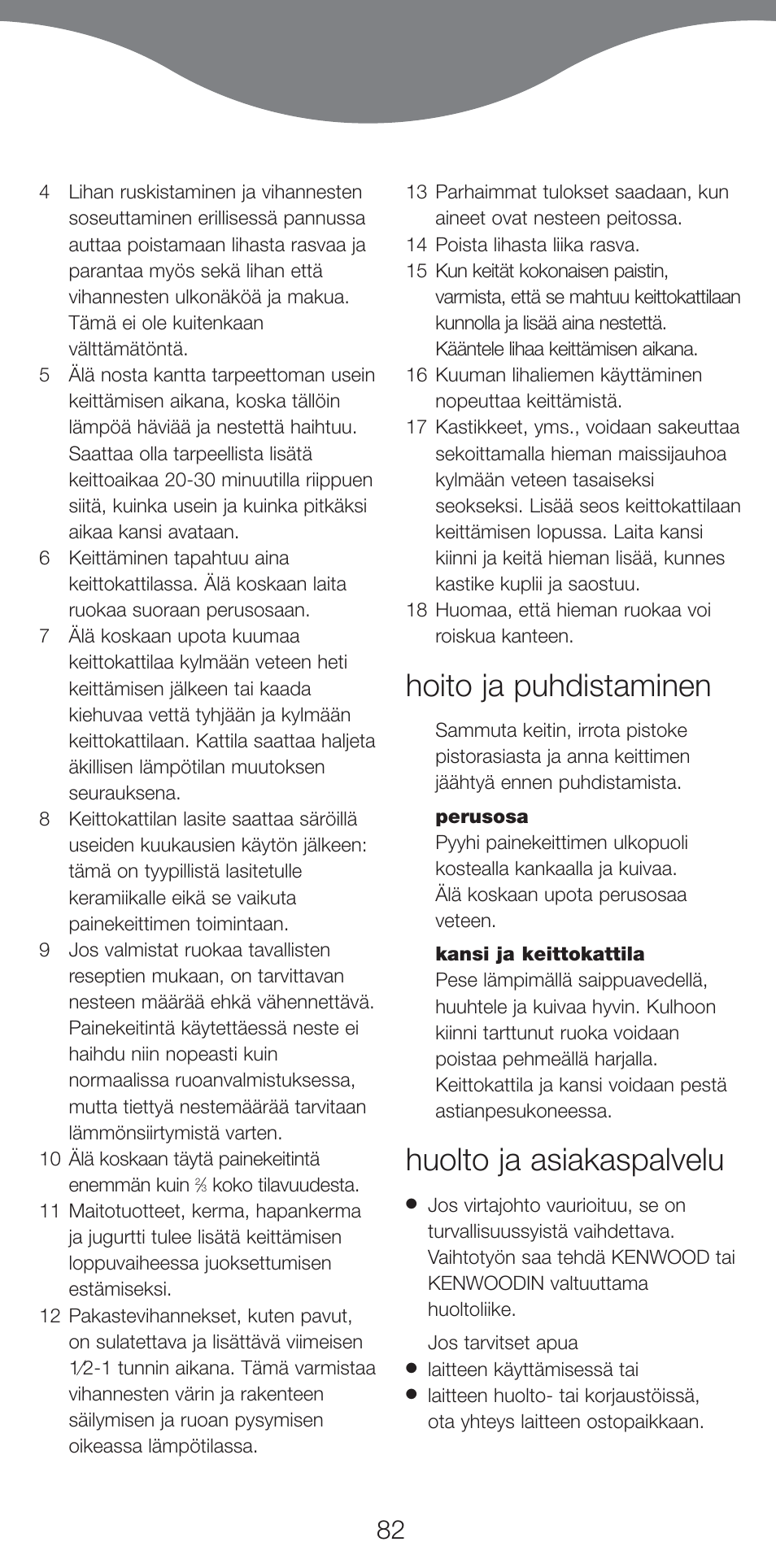 Hoito ja puhdistaminen, Huolto ja asiakaspalvelu | Kenwood CP707 User Manual | Page 82 / 141