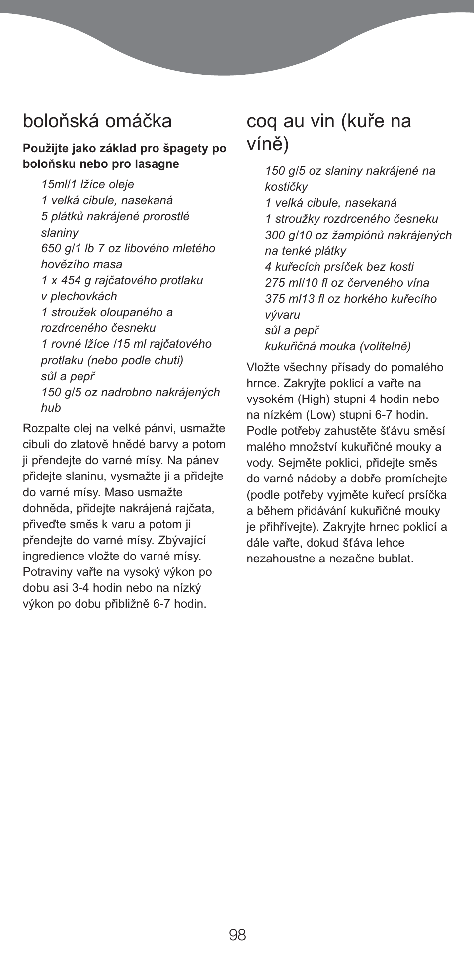 Boloňská omáčka, Coq au vin (kuře na víně) | Kenwood CP707 User Manual | Page 98 / 141