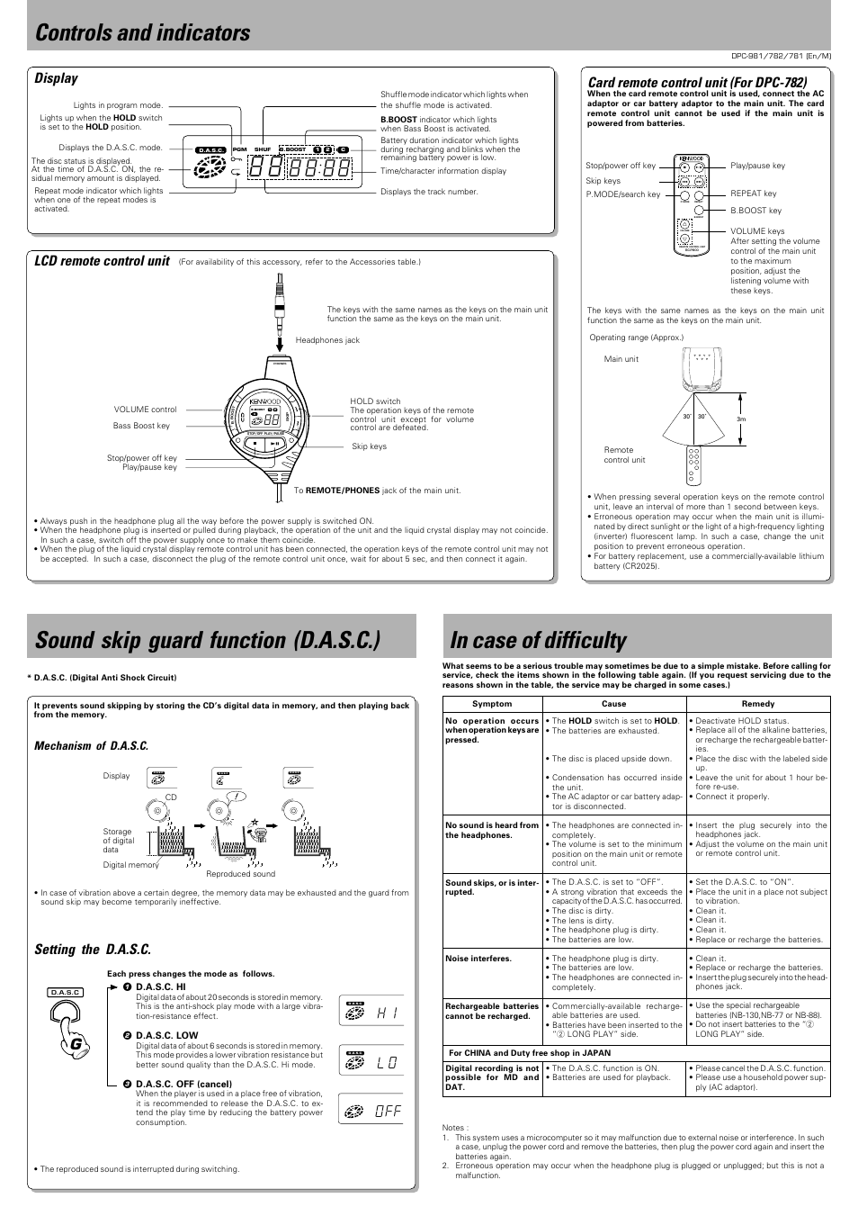 Controls and indicators, Display, Lcd remote control unit | Card remote control unit (for dpc-782), Sound skip guard function (d.a.s.c.), In case of difficulty, Display lcd remote control unit, Setting the d.a.s.c, Ol ff o, Mechanism of d.a.s.c | Kenwood DPC-782 User Manual | Page 3 / 6