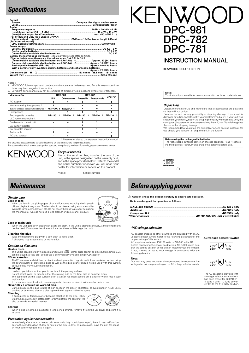 Dpc-981_782_781, Before applying power, Specifications | Maintenance, Maintenance before applying power, Instruction manual | Kenwood DPC-782 User Manual | Page 5 / 6