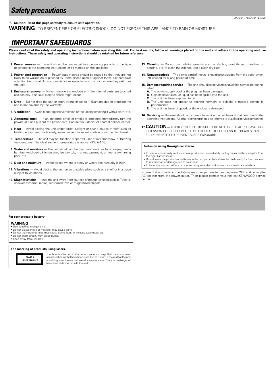 Safety precautions, Important safeguards, Safety precautions important safeguards | Warning, Caution | Kenwood DPC-782 User Manual | Page 6 / 6