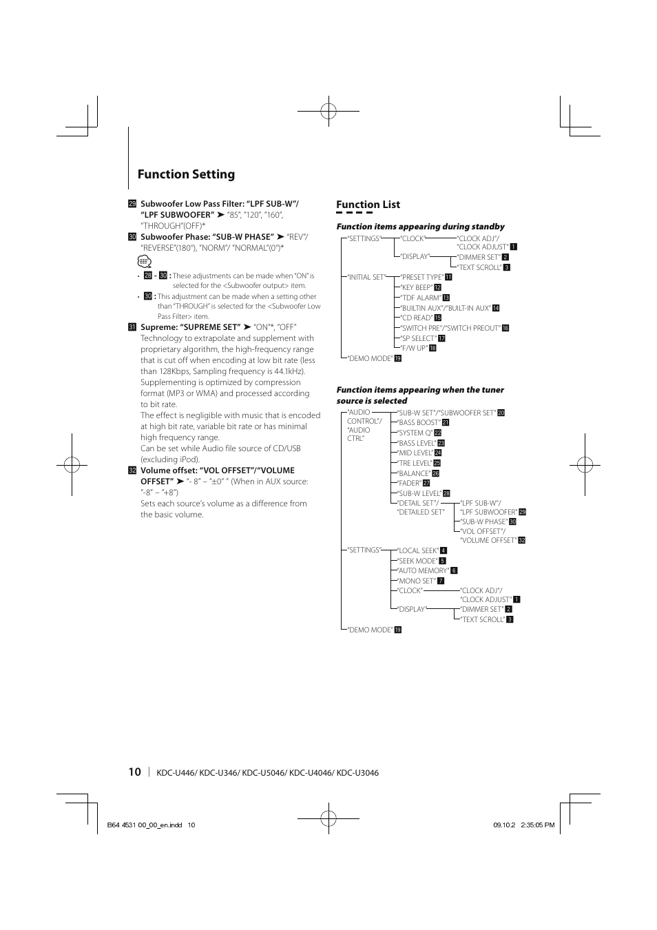 Function setting, Function list | Kenwood KDC-U3046 User Manual | Page 10 / 24