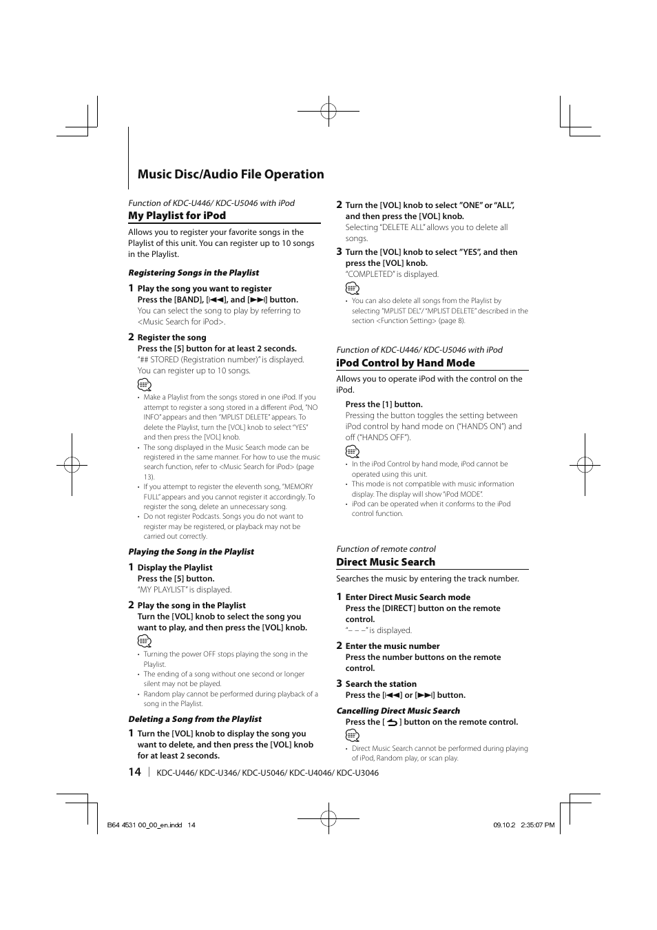 Music disc/audio file operation | Kenwood KDC-U3046 User Manual | Page 14 / 24