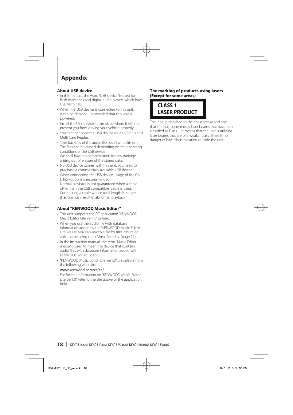 Appendix, Class 1 laser product | Kenwood KDC-U3046 User Manual | Page 18 / 24