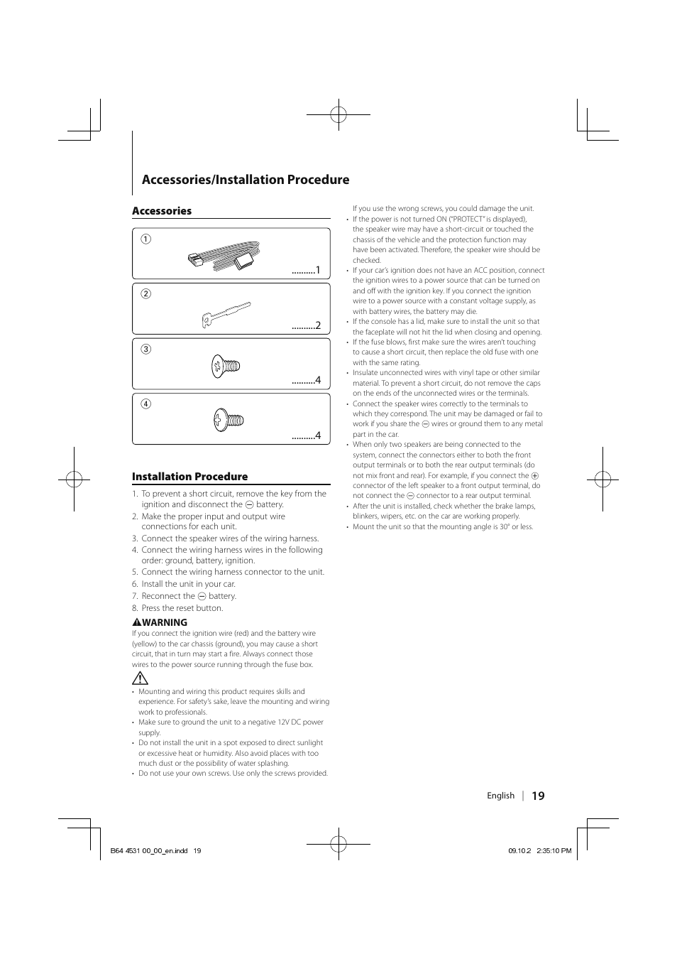 Accessories/installation procedure, Accessories 1, Installation procedure | Kenwood KDC-U3046 User Manual | Page 19 / 24