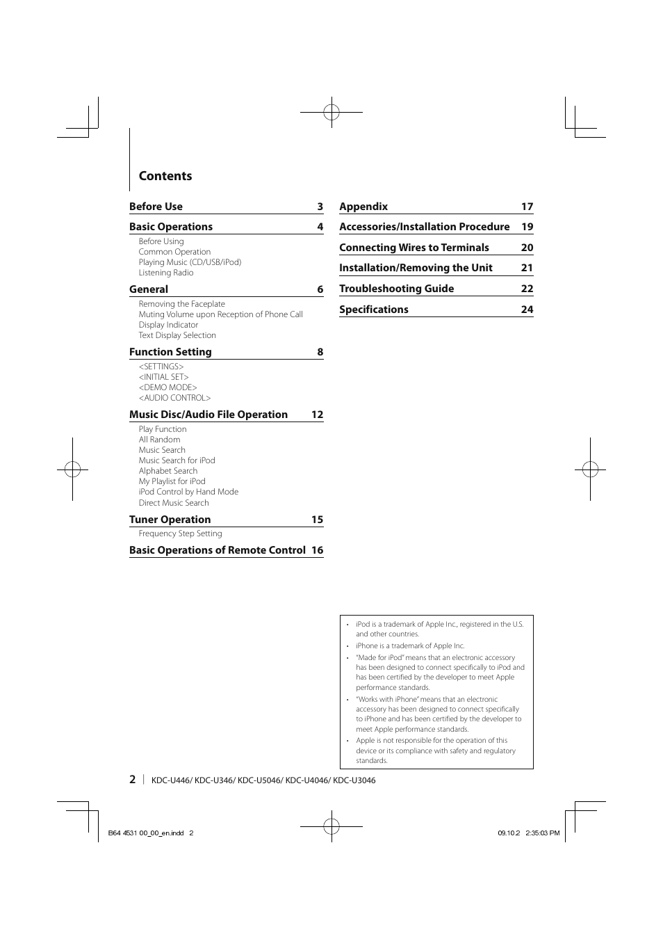 Kenwood KDC-U3046 User Manual | Page 2 / 24