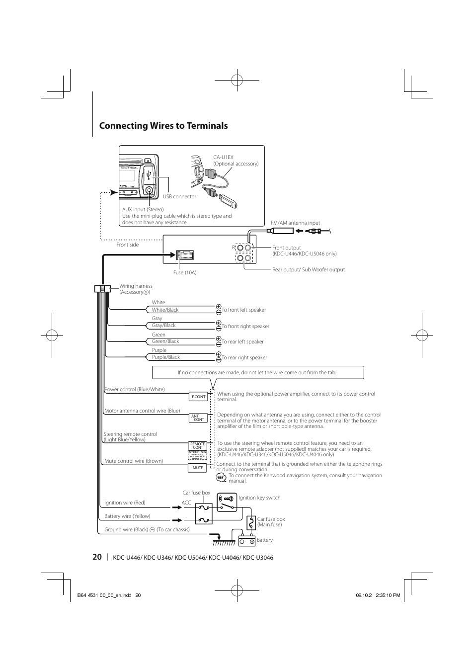 Connecting wires to terminals | Kenwood KDC-U3046 User Manual | Page 20 / 24