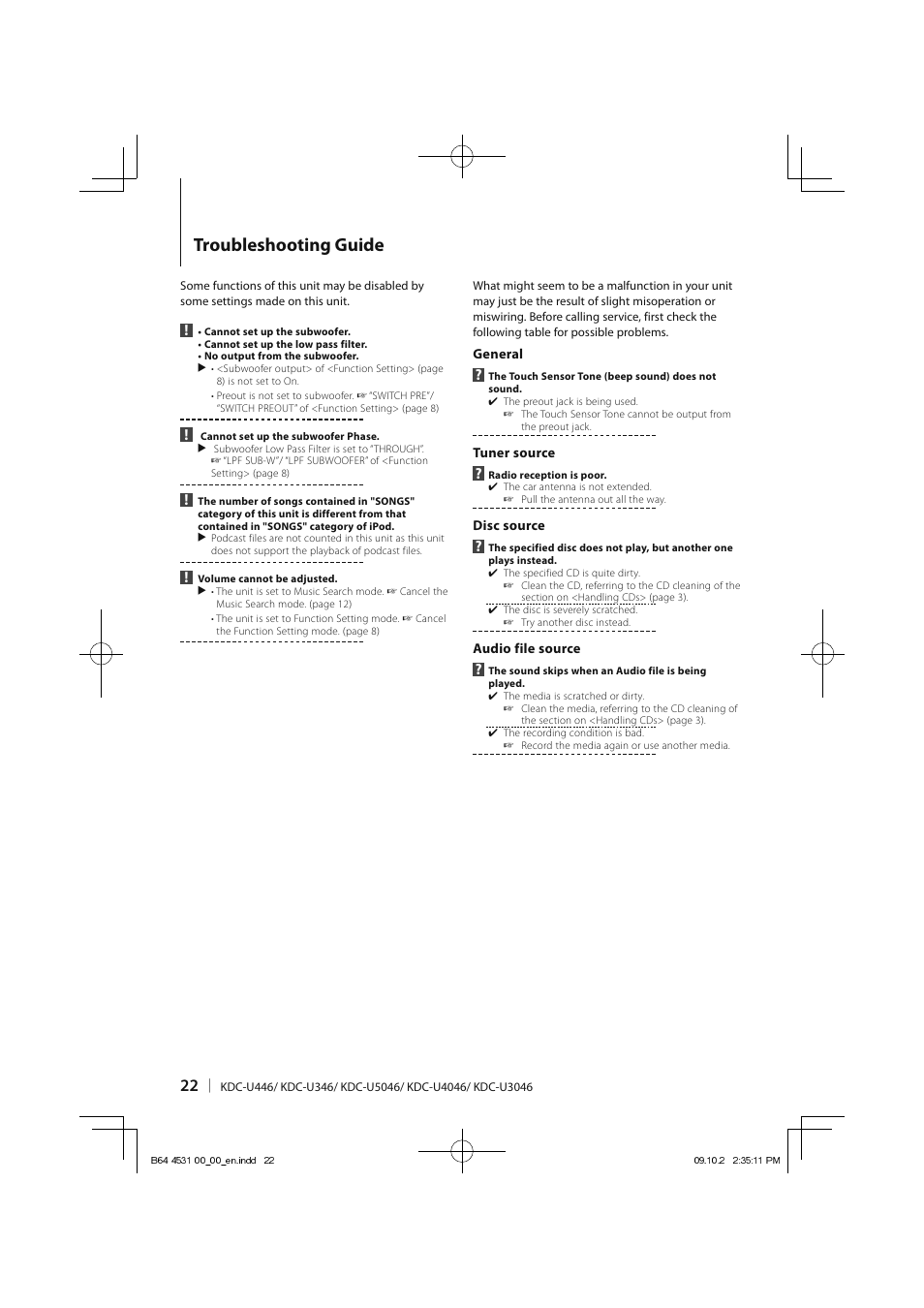 Troubleshooting guide | Kenwood KDC-U3046 User Manual | Page 22 / 24