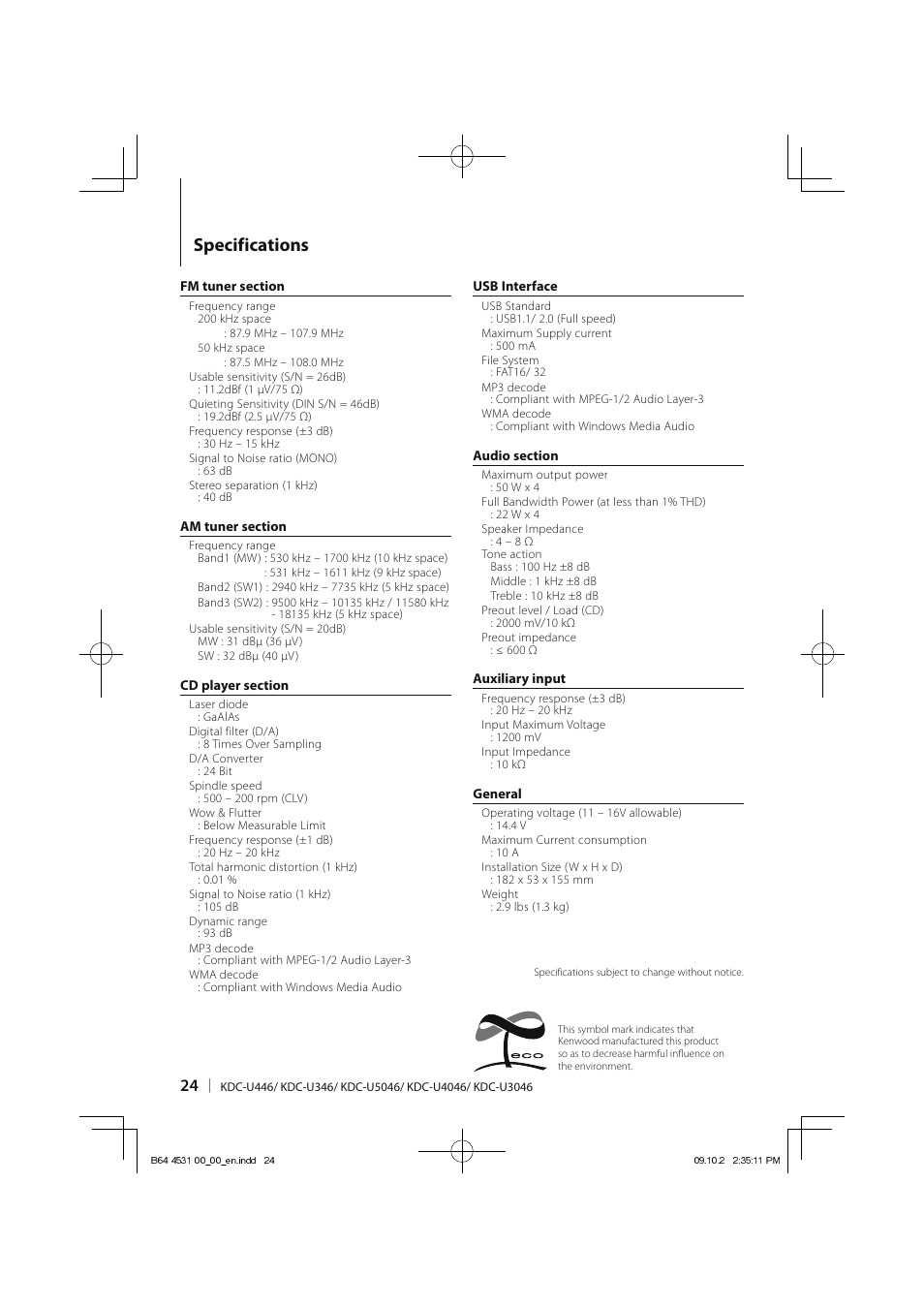 Specifications | Kenwood KDC-U3046 User Manual | Page 24 / 24