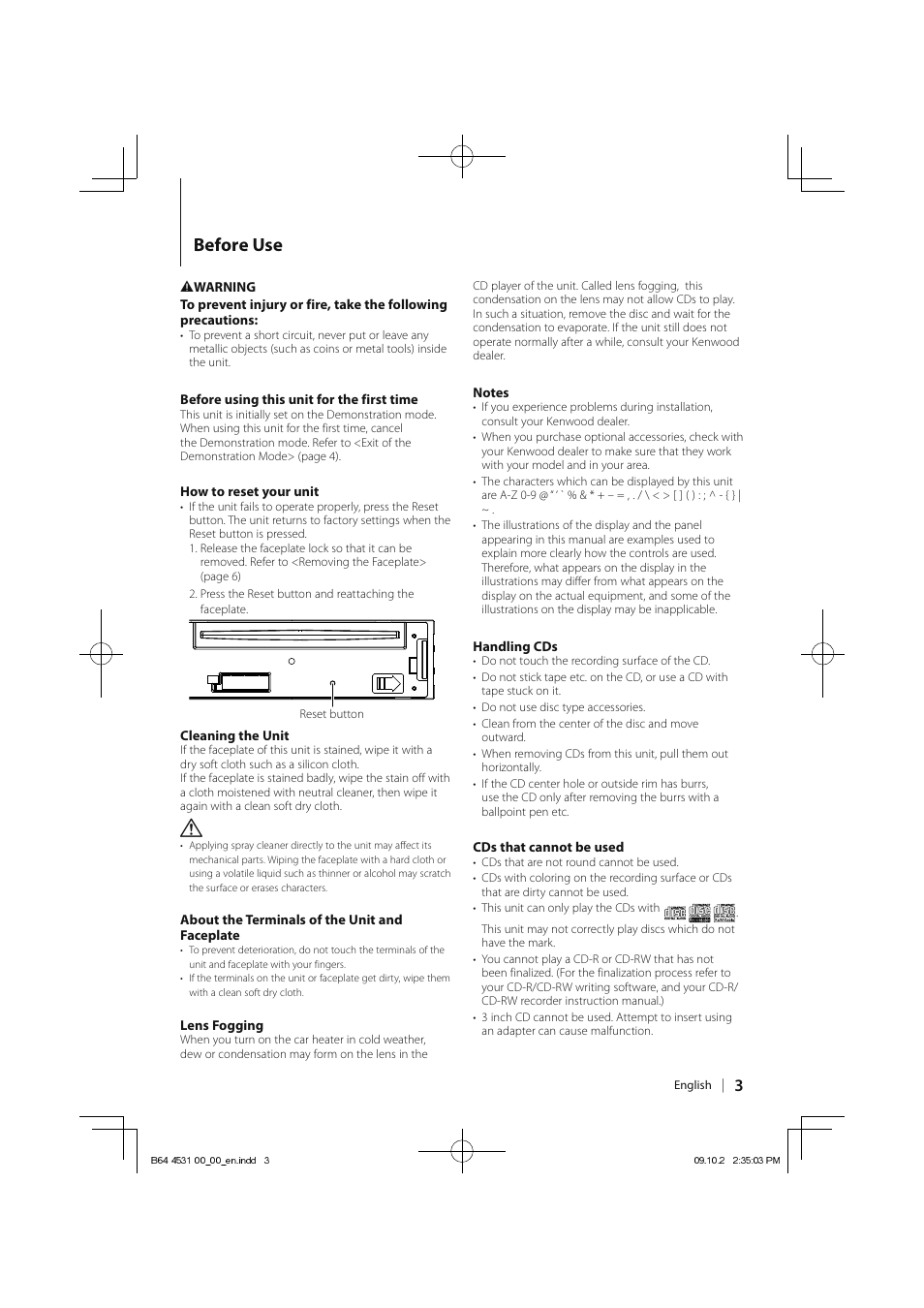 Before use | Kenwood KDC-U3046 User Manual | Page 3 / 24