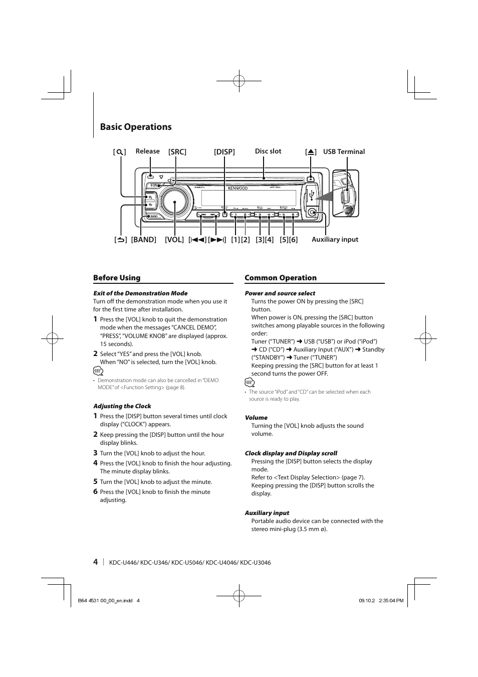 Basic operations | Kenwood KDC-U3046 User Manual | Page 4 / 24