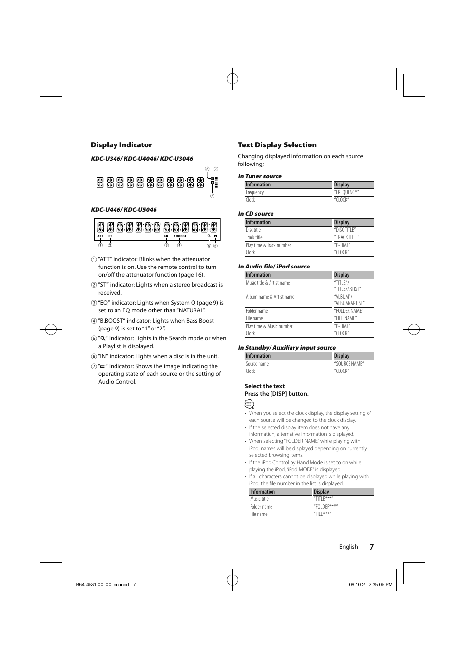 Display indicator, Text display selection | Kenwood KDC-U3046 User Manual | Page 7 / 24