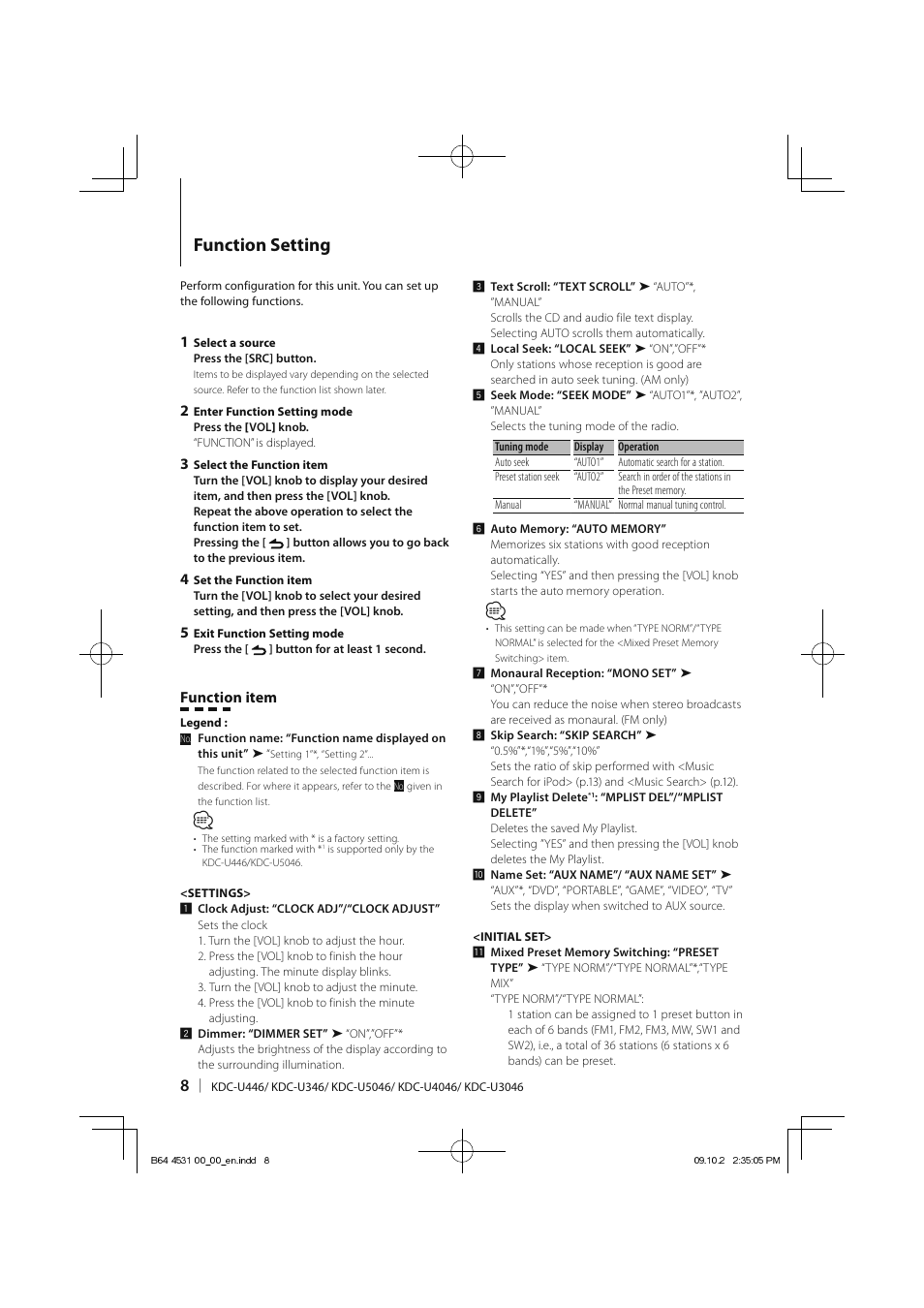 Function setting, Function item | Kenwood KDC-U3046 User Manual | Page 8 / 24