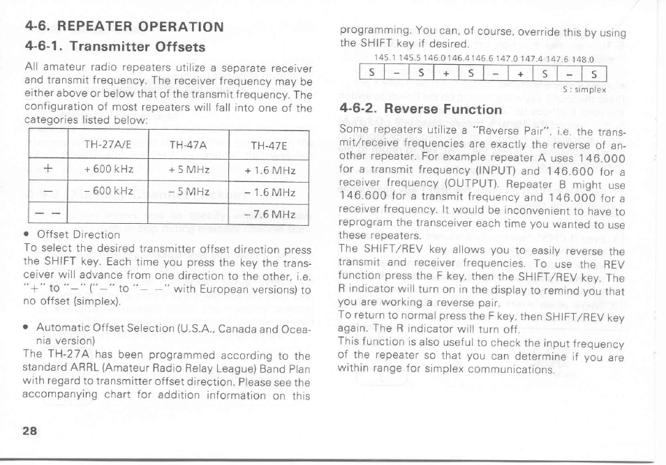 6-1. transmitter offsets, 6-2. reverse function, 6. repeater operation | Kenwood TH-27A User Manual | Page 28 / 53