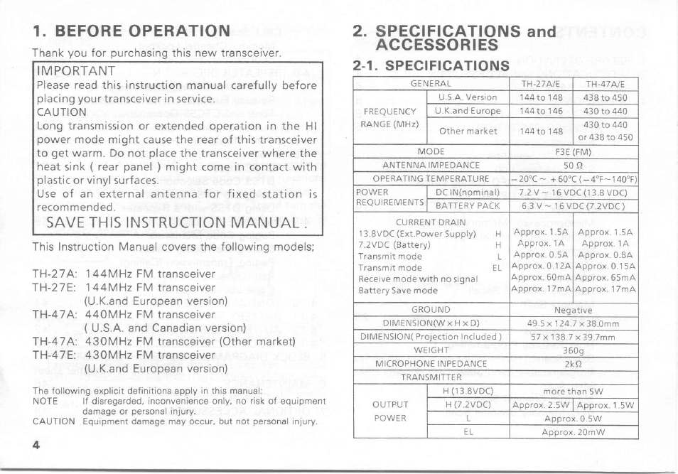 1. specifications, Before operation, Specifications and accessories | Save this instruction manual, Important | Kenwood TH-27A User Manual | Page 4 / 53