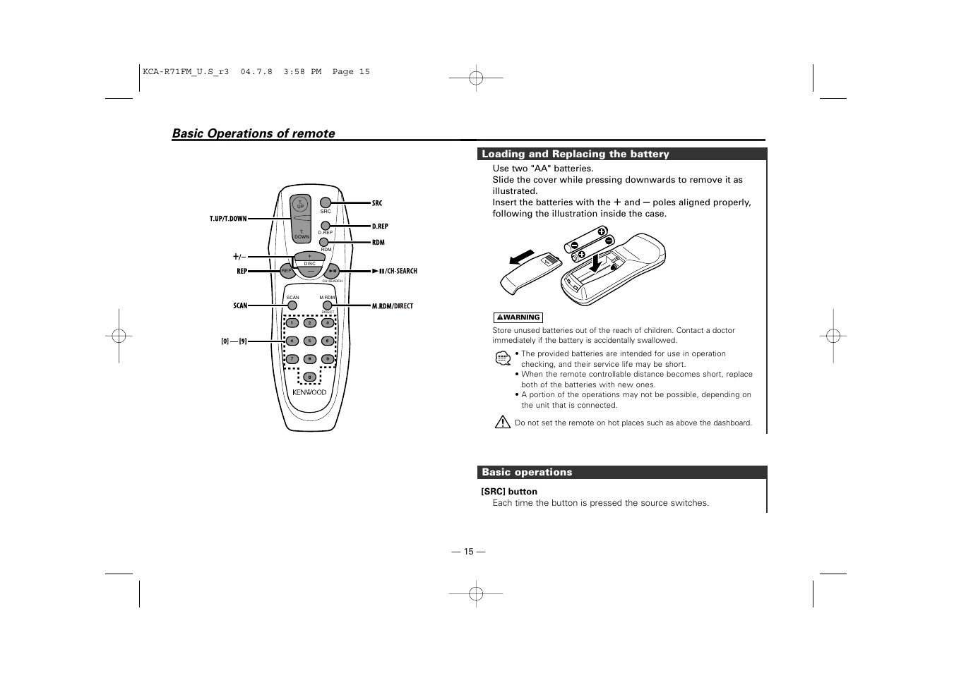 Basic operations of remote | Kenwood KCA-R71FM User Manual | Page 15 / 92