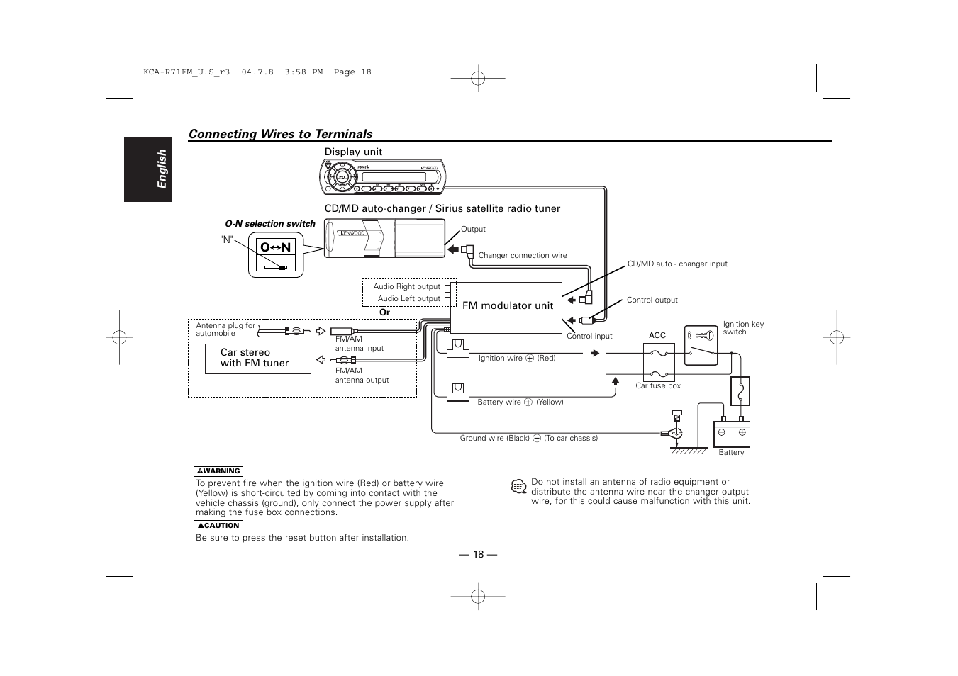 Connecting wires to terminals | Kenwood KCA-R71FM User Manual | Page 18 / 92