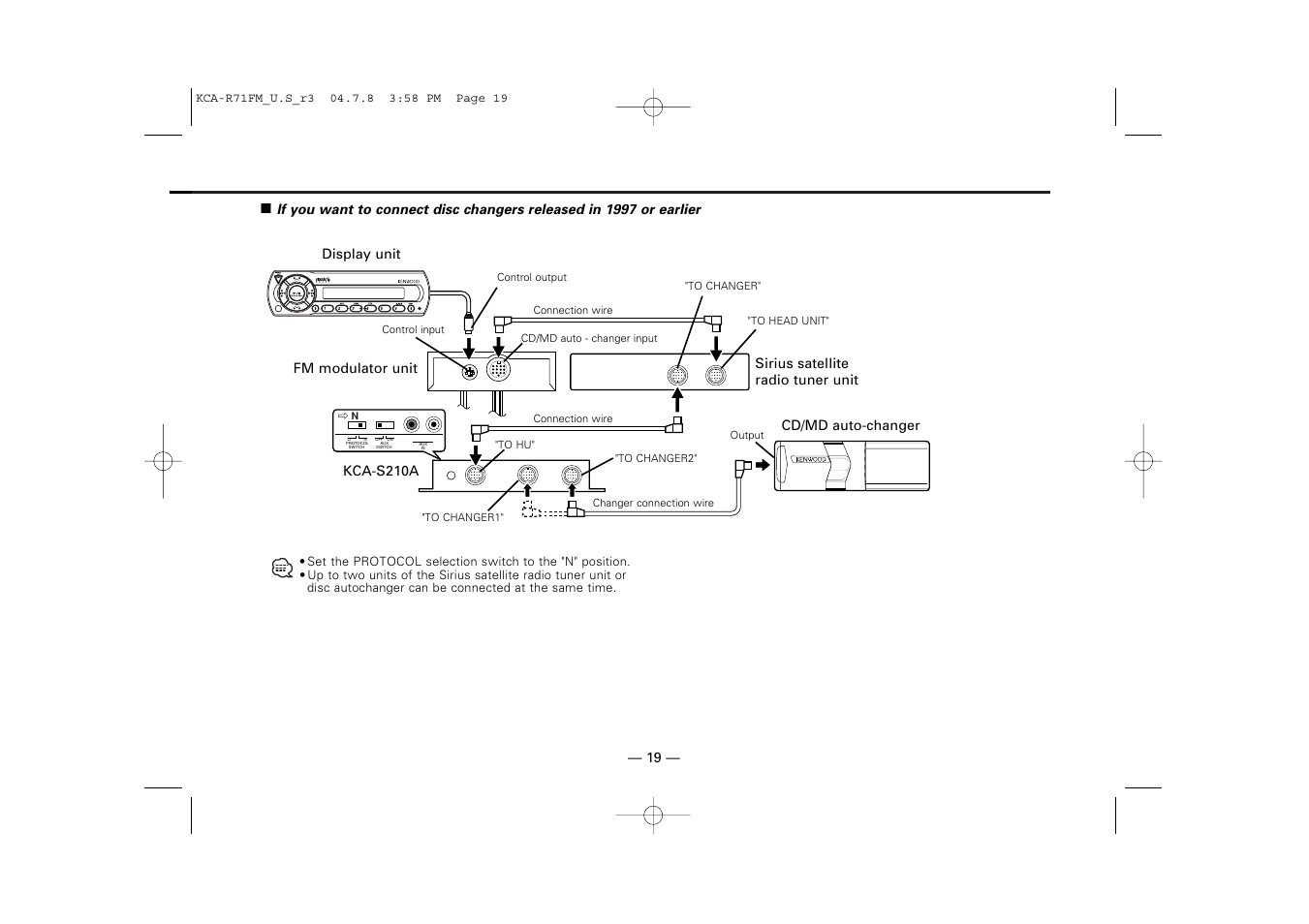 Cd/md auto-changer, Fm modulator unit, Display unit | Kca-s210a sirius satellite radio tuner unit | Kenwood KCA-R71FM User Manual | Page 19 / 92