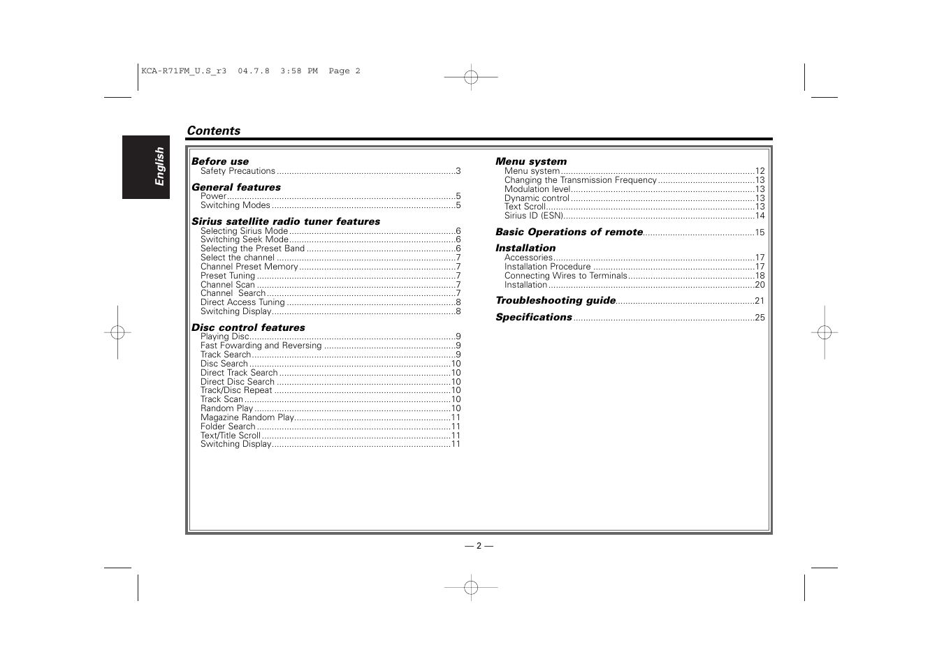 English | Kenwood KCA-R71FM User Manual | Page 2 / 92