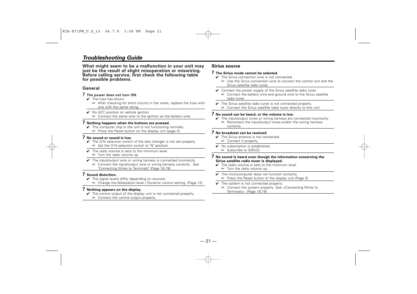 Troubleshooting guide | Kenwood KCA-R71FM User Manual | Page 21 / 92