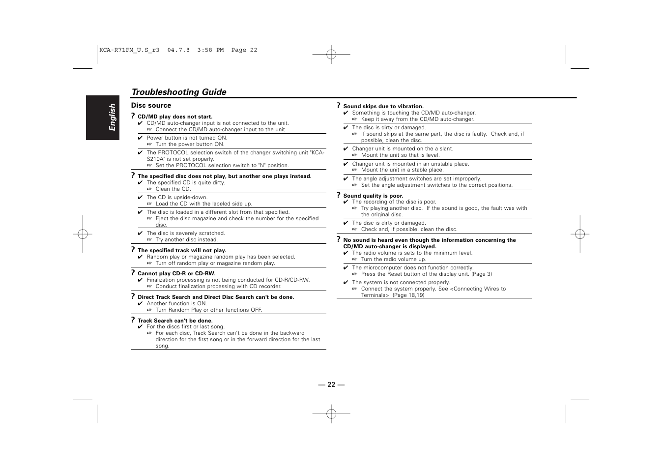 Troubleshooting guide | Kenwood KCA-R71FM User Manual | Page 22 / 92