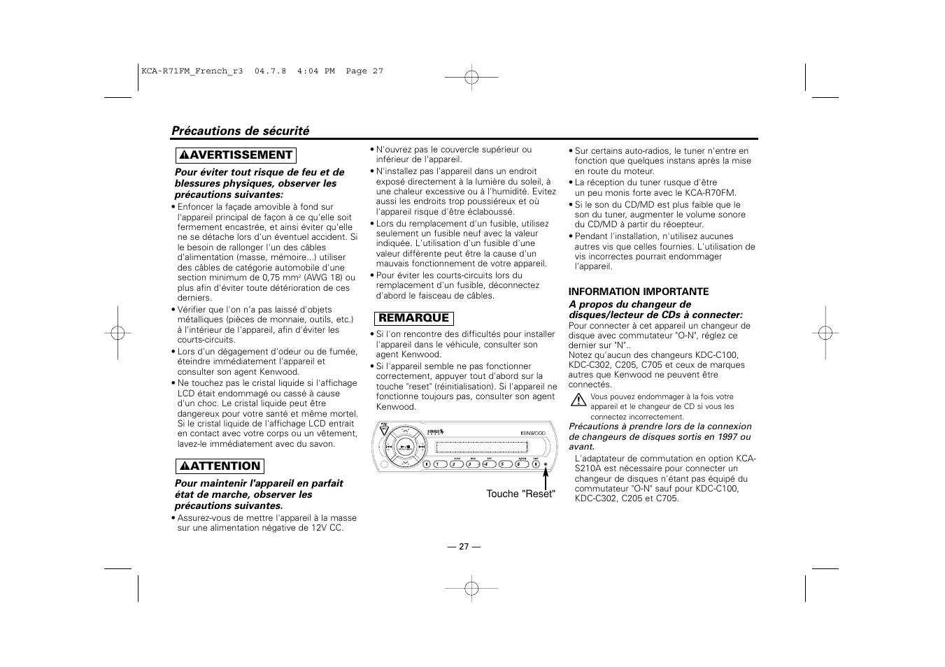 Kenwood KCA-R71FM User Manual | Page 27 / 92