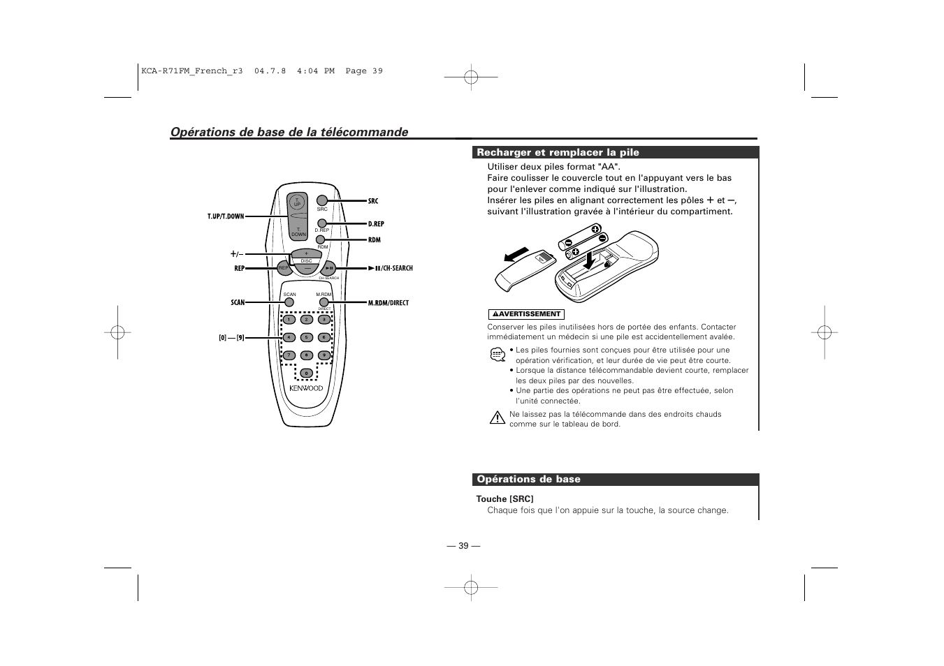 Opérations de base de la télécommande | Kenwood KCA-R71FM User Manual | Page 39 / 92