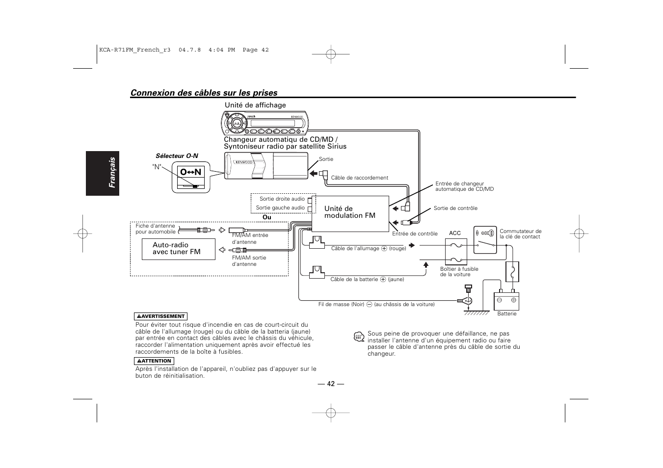 Connexion des câbles sur les prises | Kenwood KCA-R71FM User Manual | Page 42 / 92