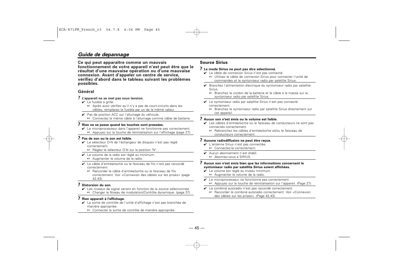 Guide de depannage | Kenwood KCA-R71FM User Manual | Page 45 / 92