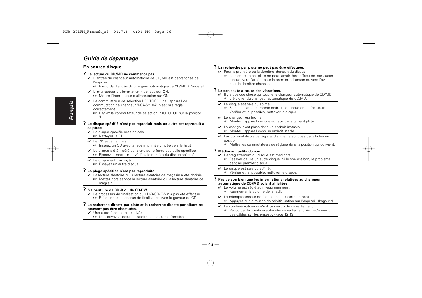 Guide de depannage | Kenwood KCA-R71FM User Manual | Page 46 / 92