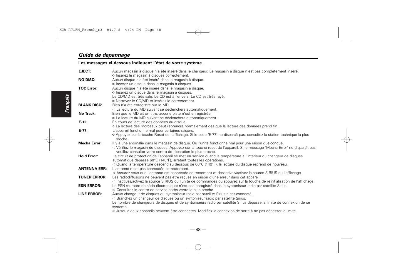 Guide de depannage | Kenwood KCA-R71FM User Manual | Page 48 / 92