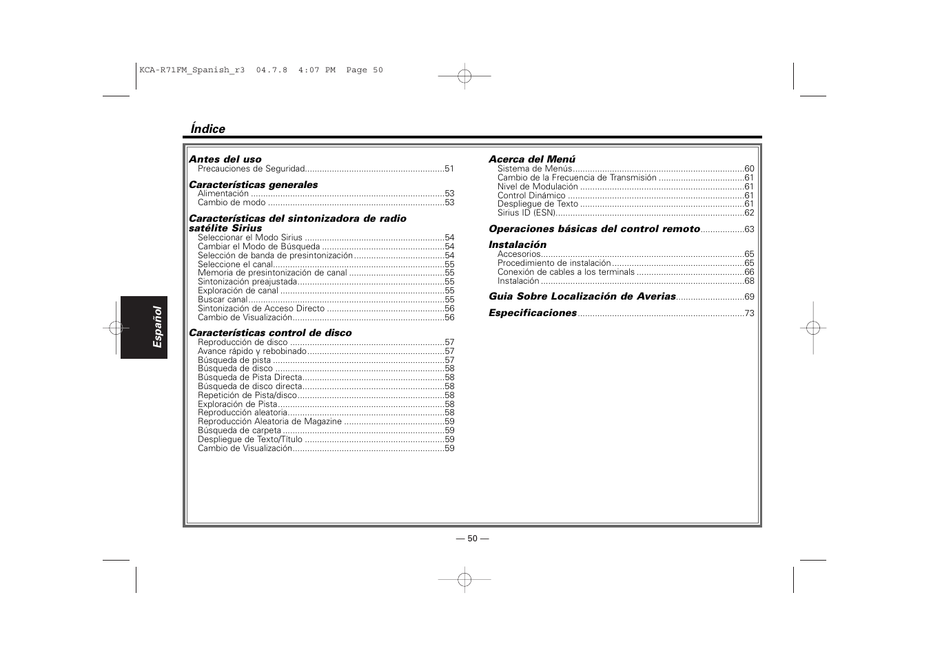 Spanish | Kenwood KCA-R71FM User Manual | Page 50 / 92