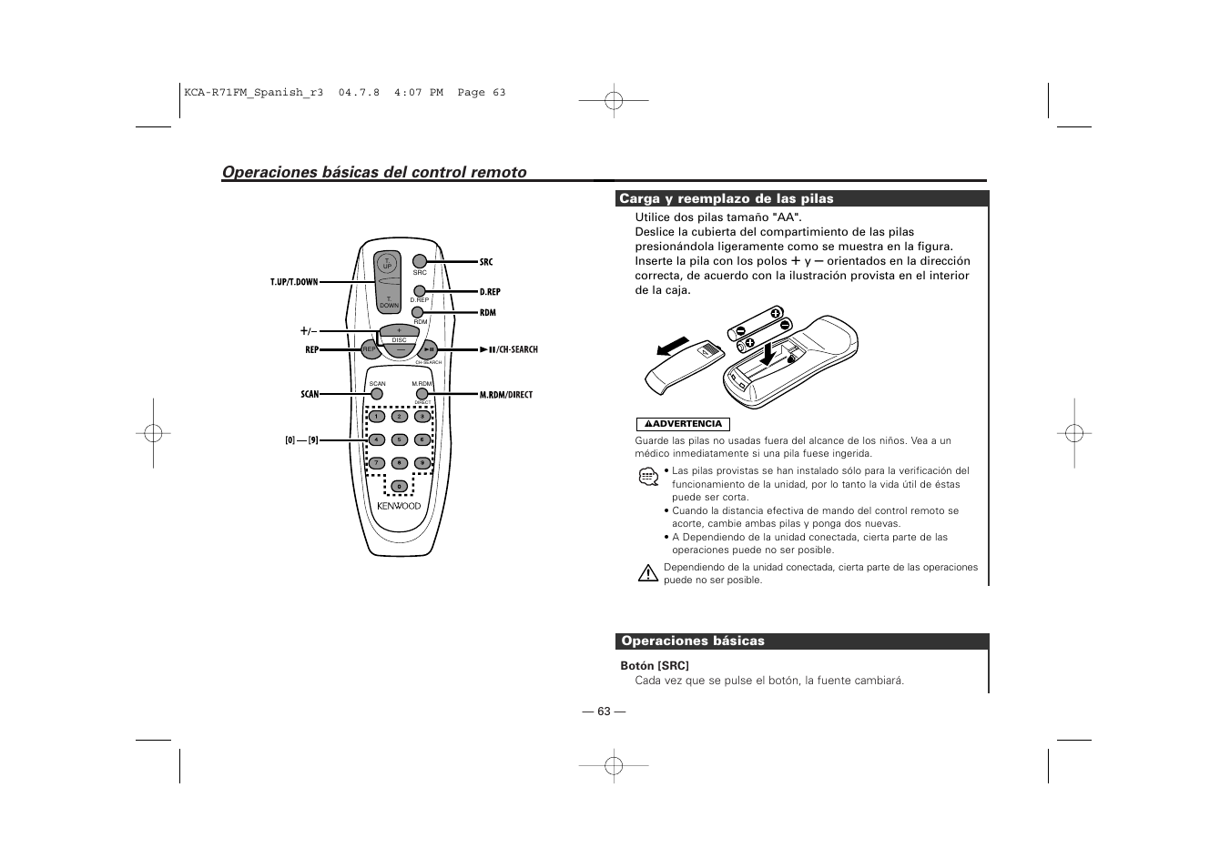 Operaciones básicas del control remoto | Kenwood KCA-R71FM User Manual | Page 63 / 92