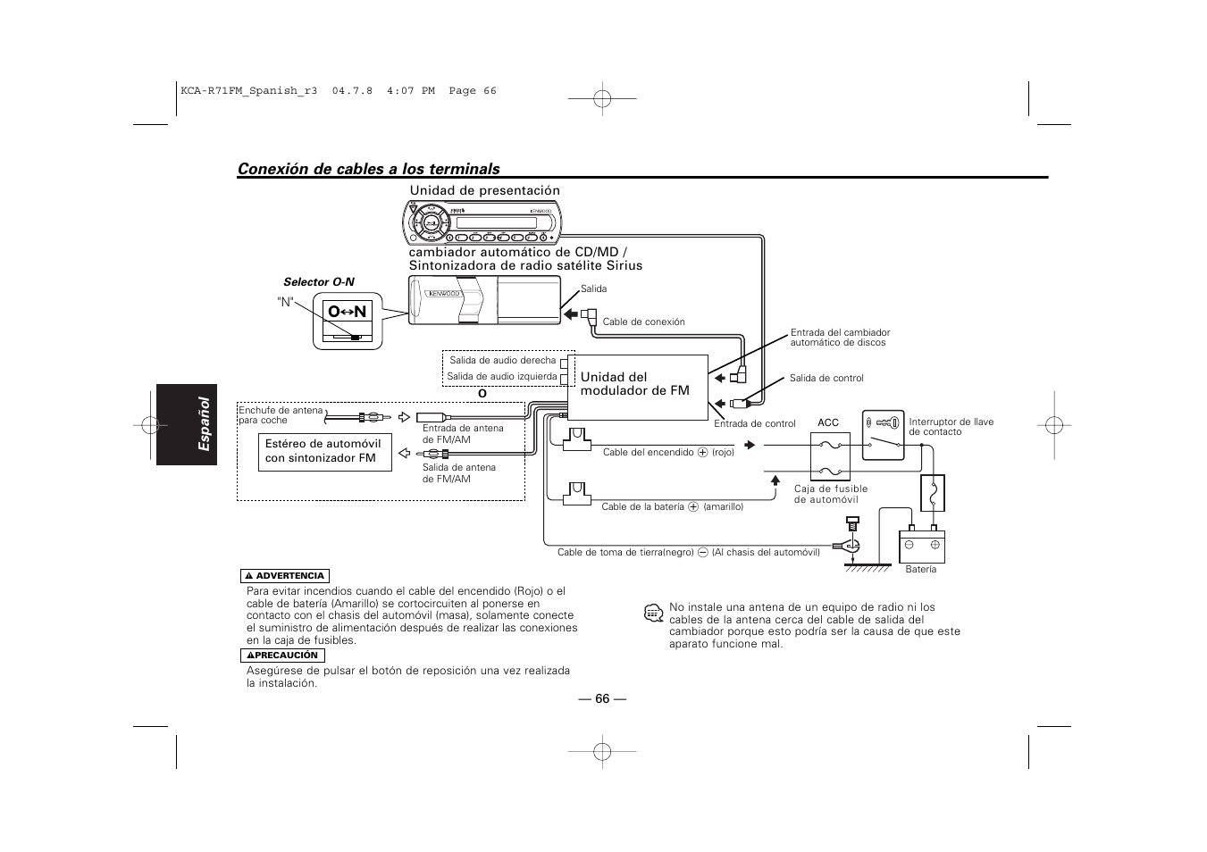 Conexión de cables a los terminals | Kenwood KCA-R71FM User Manual | Page 66 / 92