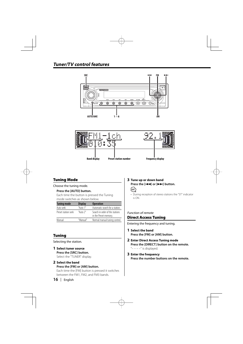 Tuner/tv control features | Kenwood KDC-MP858 User Manual | Page 16 / 36