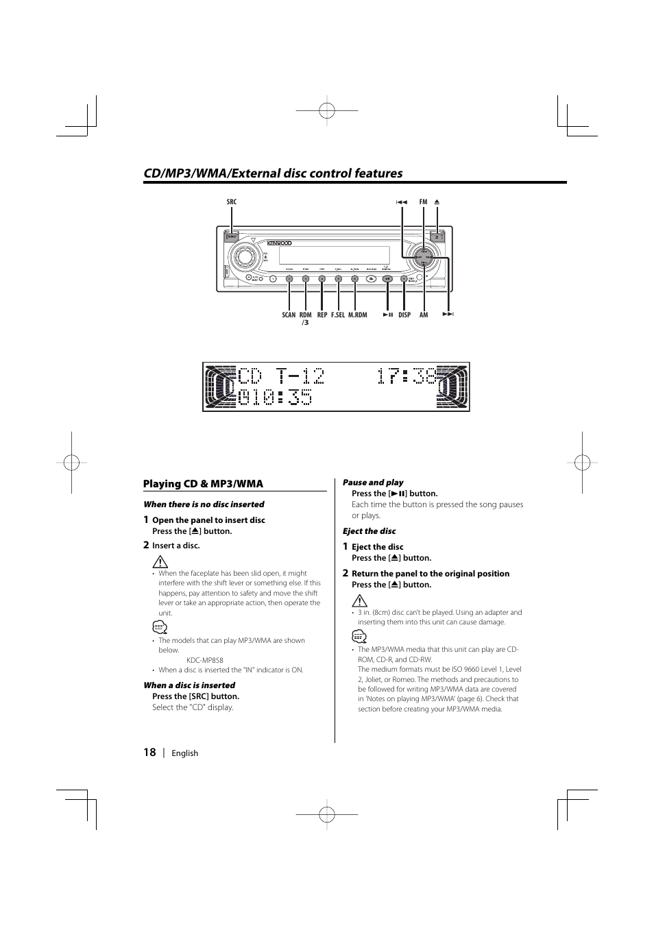 Cd/mp3/wma/external disc control features, Playing cd & mp3/wma | Kenwood KDC-MP858 User Manual | Page 18 / 36