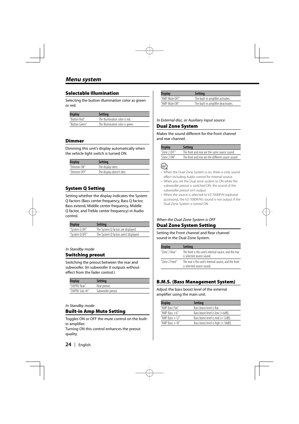 Menu system | Kenwood KDC-MP858 User Manual | Page 24 / 36