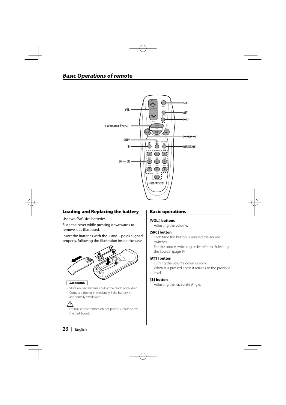 Basic operations of remote, Loading and replacing the battery, Basic operations | Kenwood KDC-MP858 User Manual | Page 26 / 36