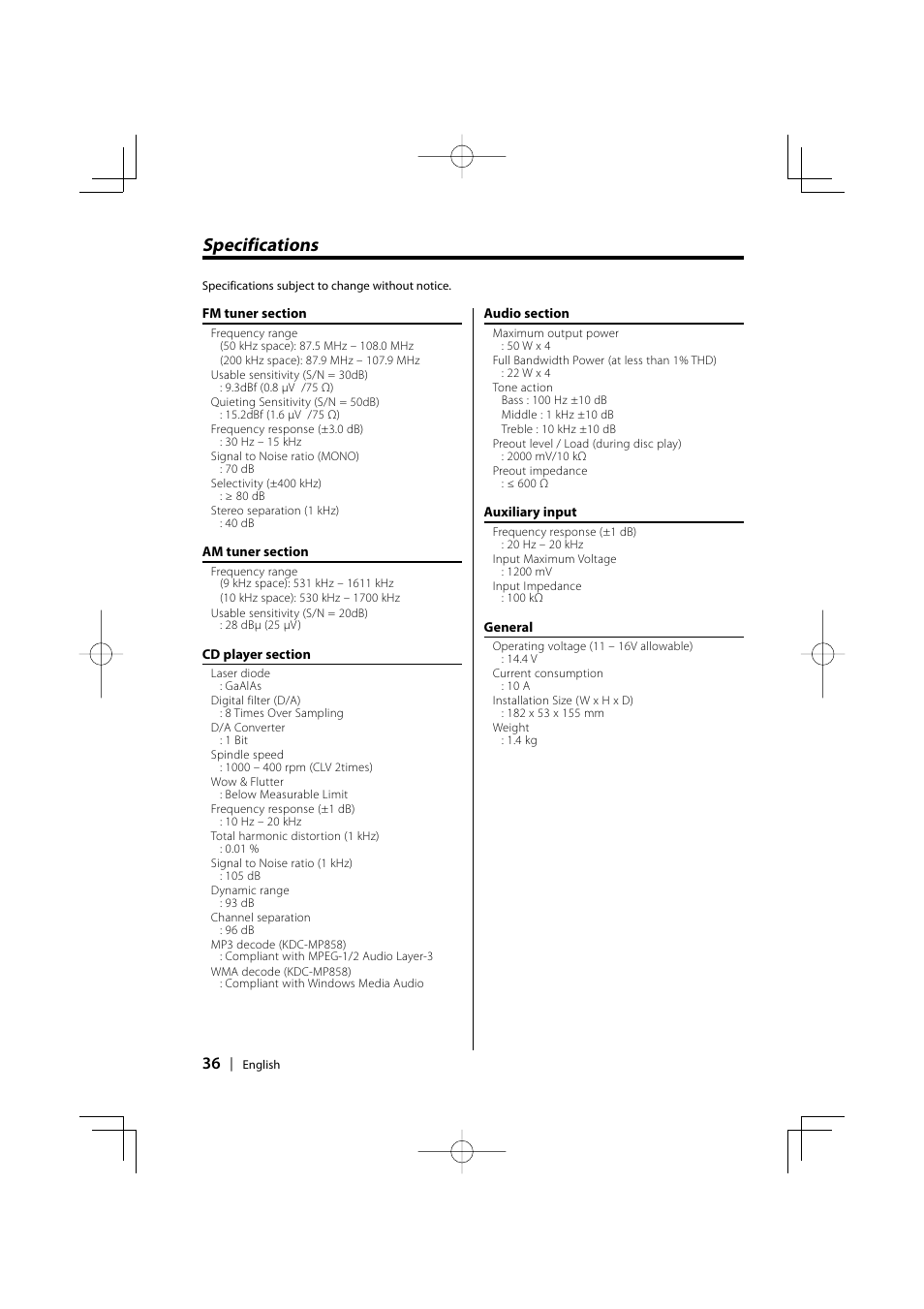 Specifications | Kenwood KDC-MP858 User Manual | Page 36 / 36