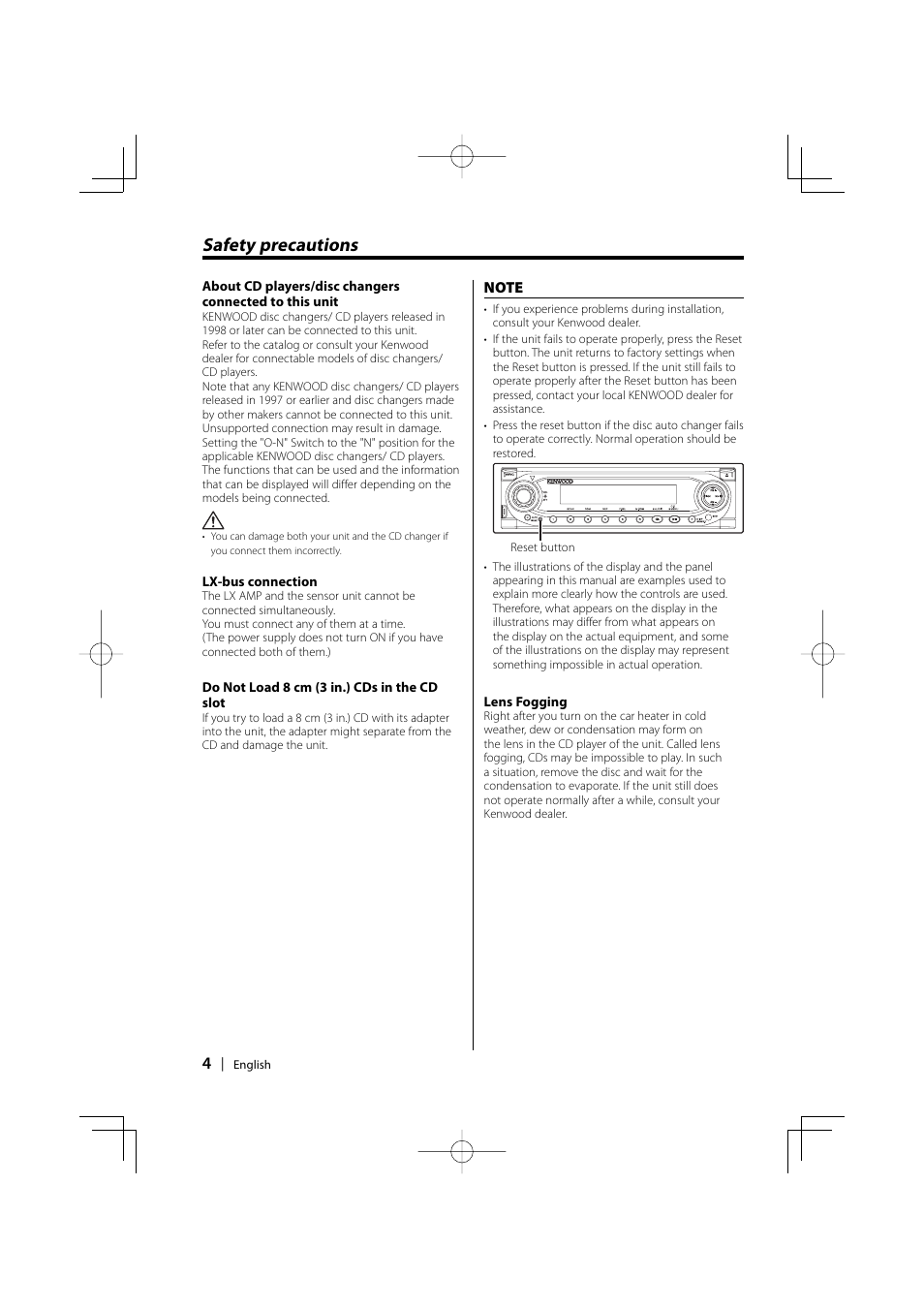 Safety precautions | Kenwood KDC-MP858 User Manual | Page 4 / 36