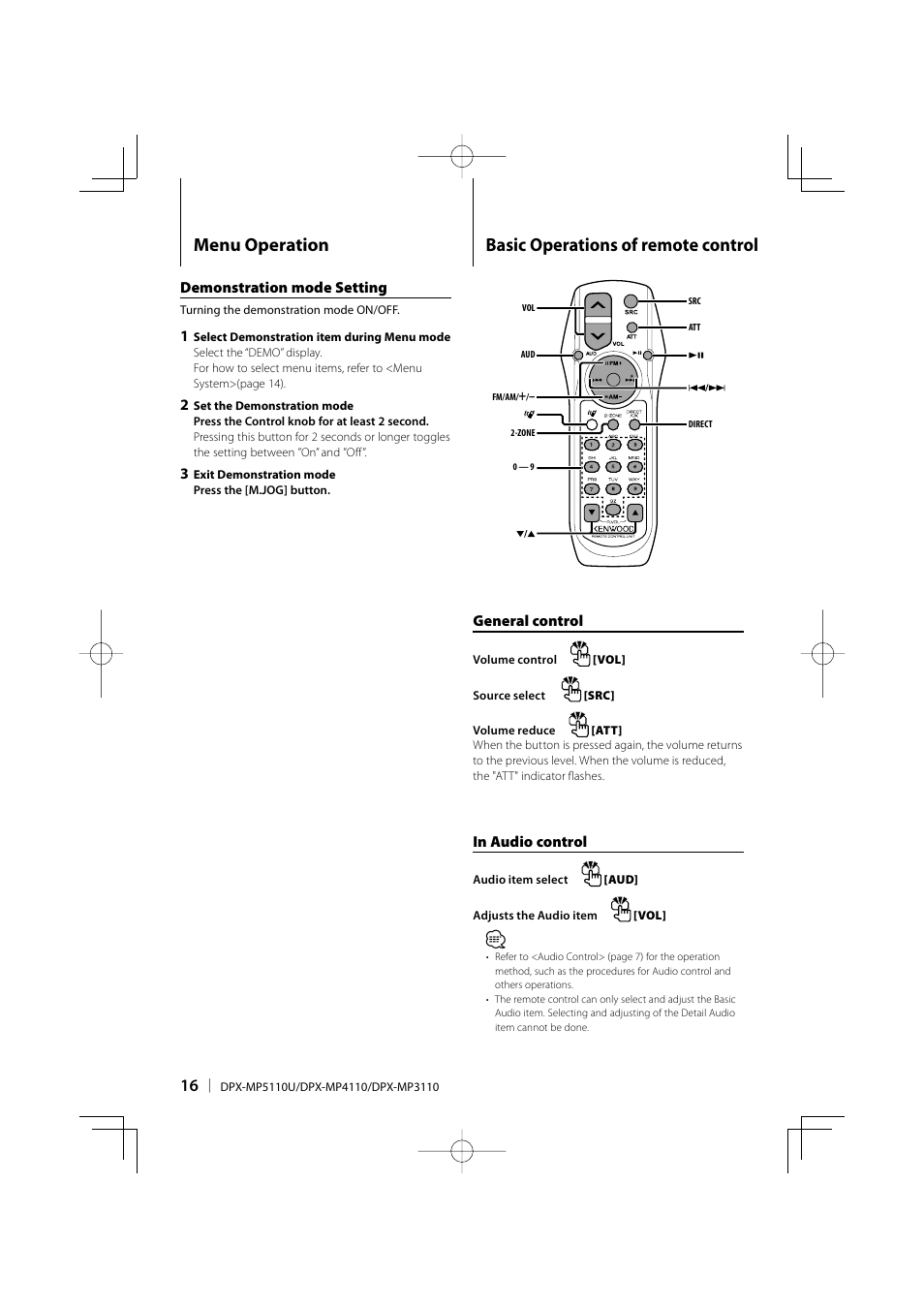 Basic operations of remote control, Menu operation | Kenwood DUAL DIN SIZED CD RECEIVER DPX-MP4110 User Manual | Page 16 / 28