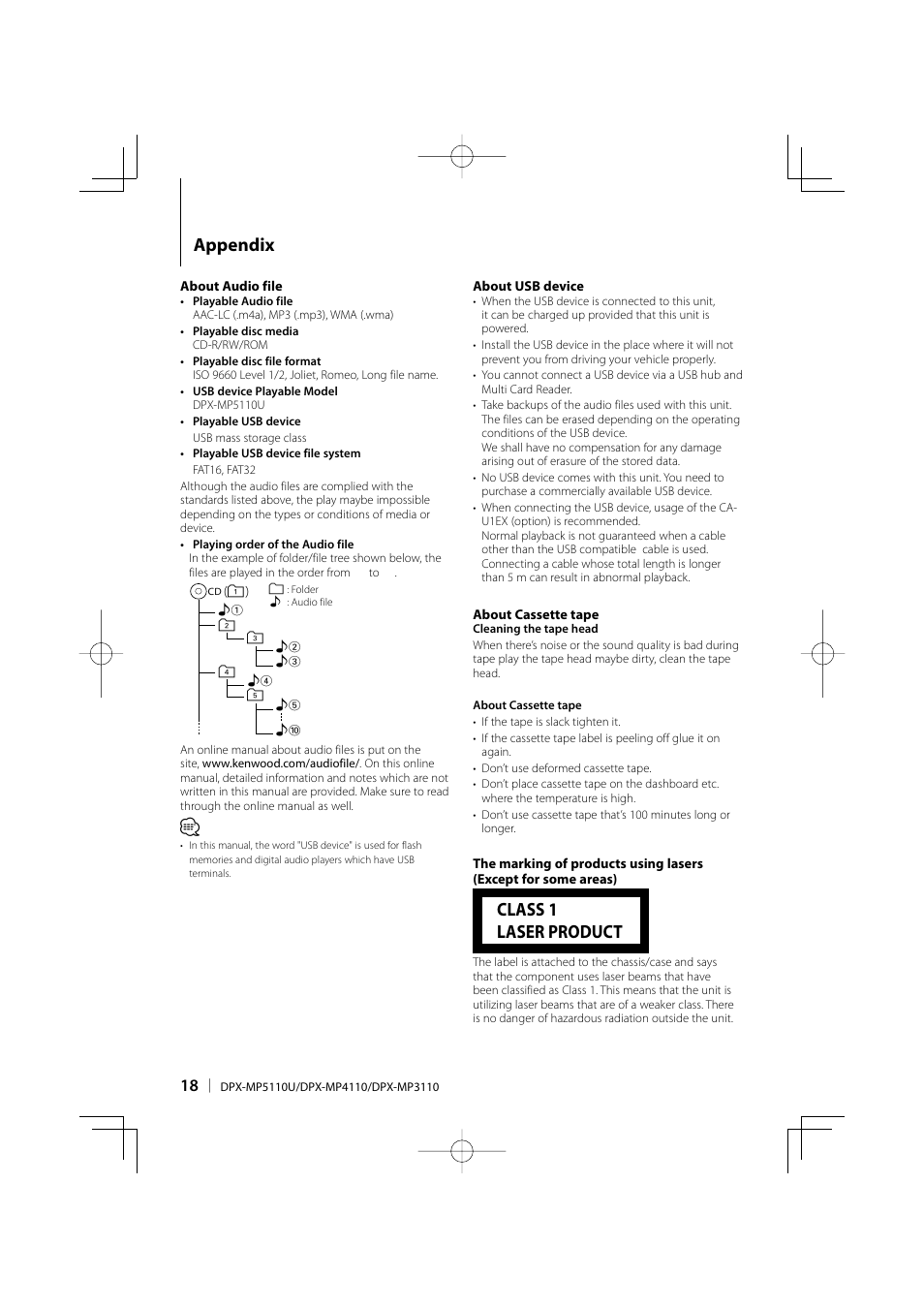 Appendix, Class 1 laser product | Kenwood DUAL DIN SIZED CD RECEIVER DPX-MP4110 User Manual | Page 18 / 28