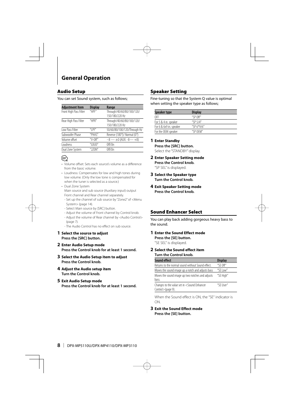 General operation | Kenwood DUAL DIN SIZED CD RECEIVER DPX-MP4110 User Manual | Page 8 / 28