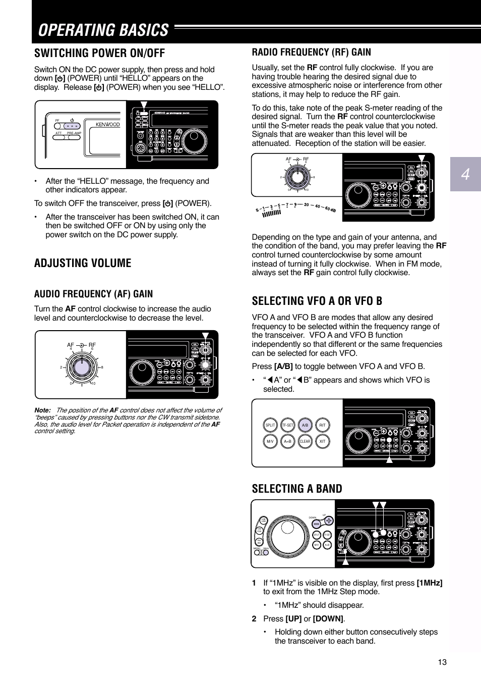 Operating basics, Switching power on/off, Adjusting volume | Selecting vfo a or vfo b, Selecting a band, Audio frequency (af) gain, Radio frequency (rf) gain | Kenwood TS-570S User Manual | Page 19 / 89