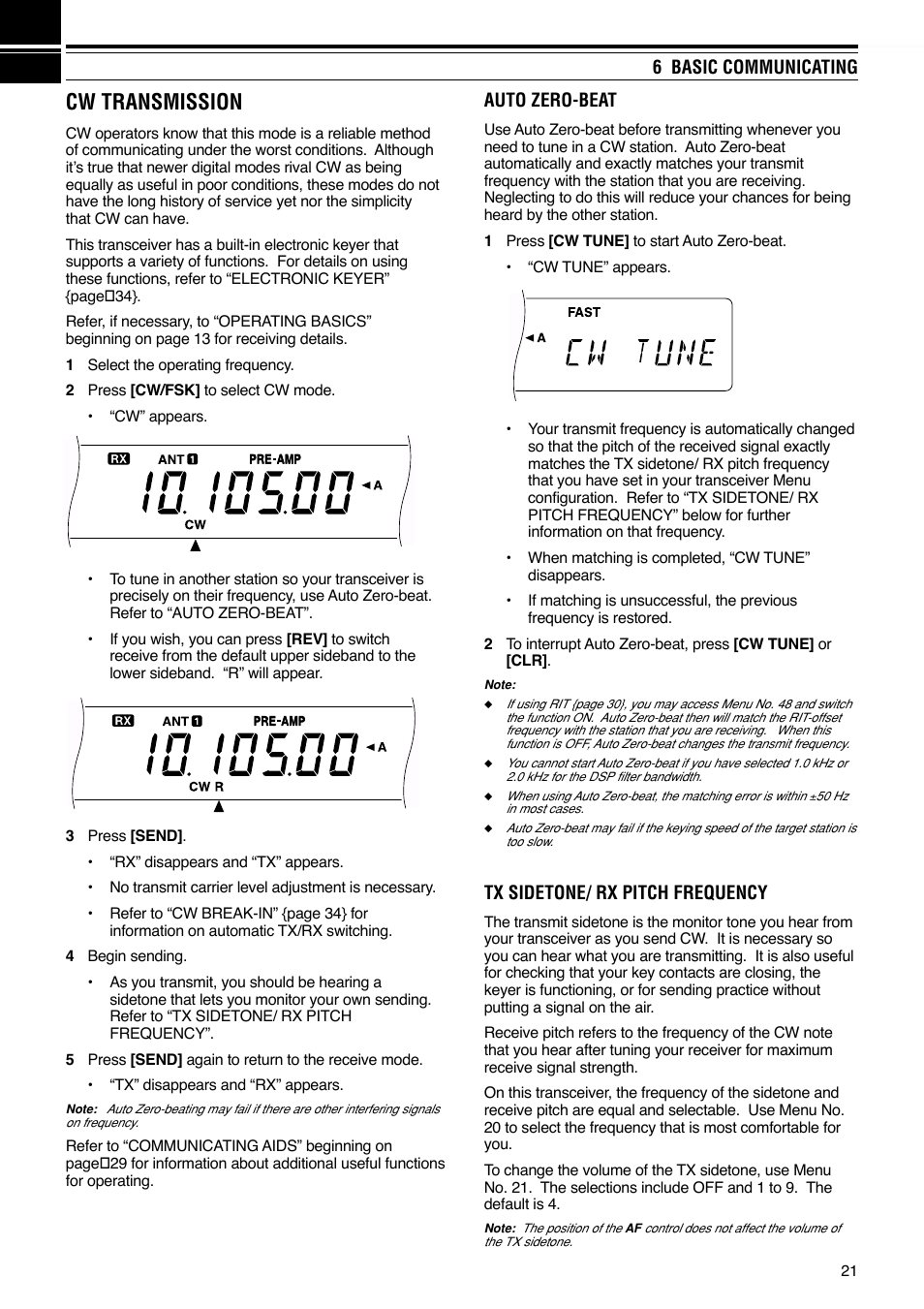 Cw transmission, 6 basic communicating, Auto zero-beat | Tx sidetone/ rx pitch frequency | Kenwood TS-570S User Manual | Page 27 / 89